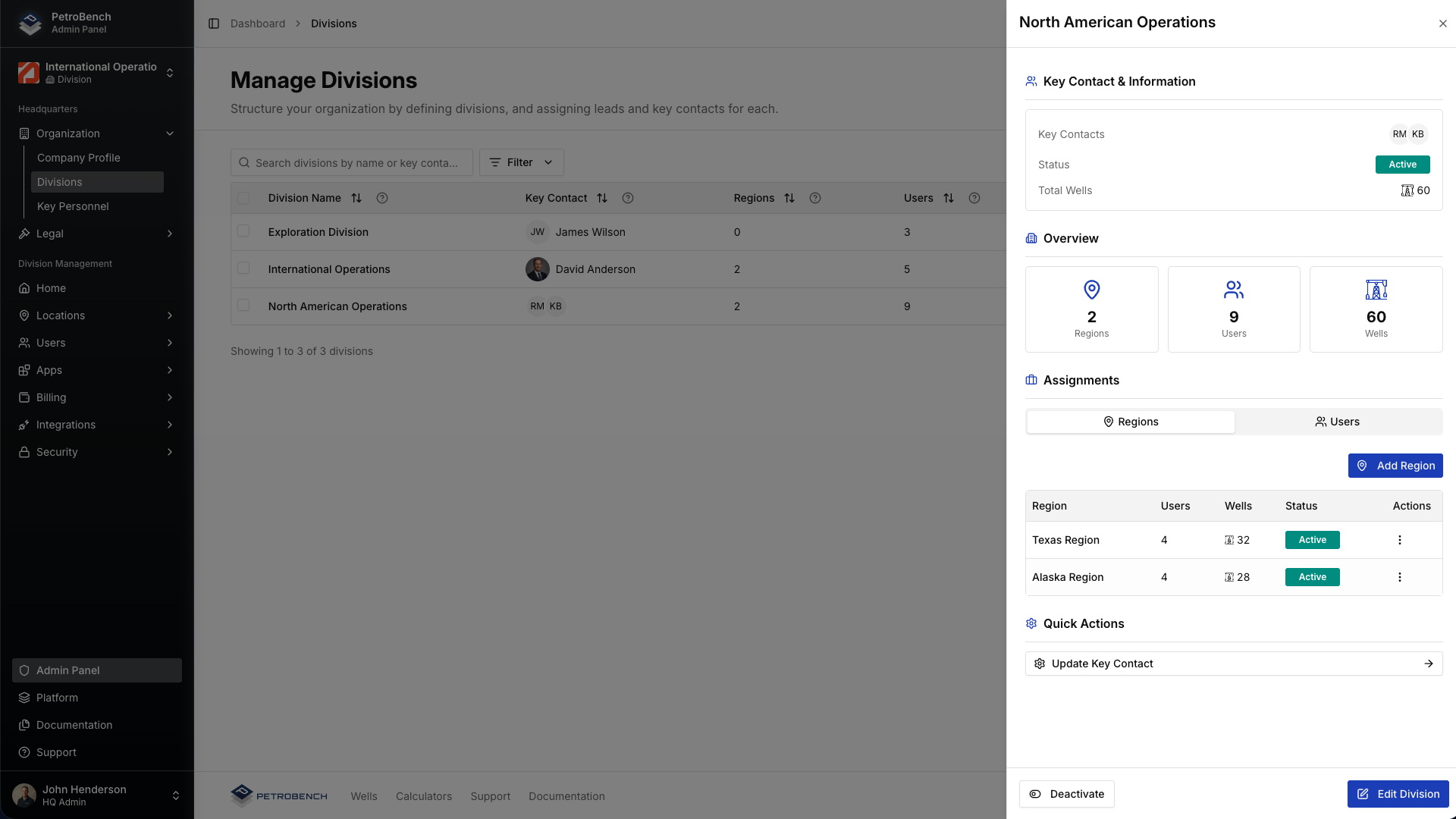 Division detail slideout with regions and stats
