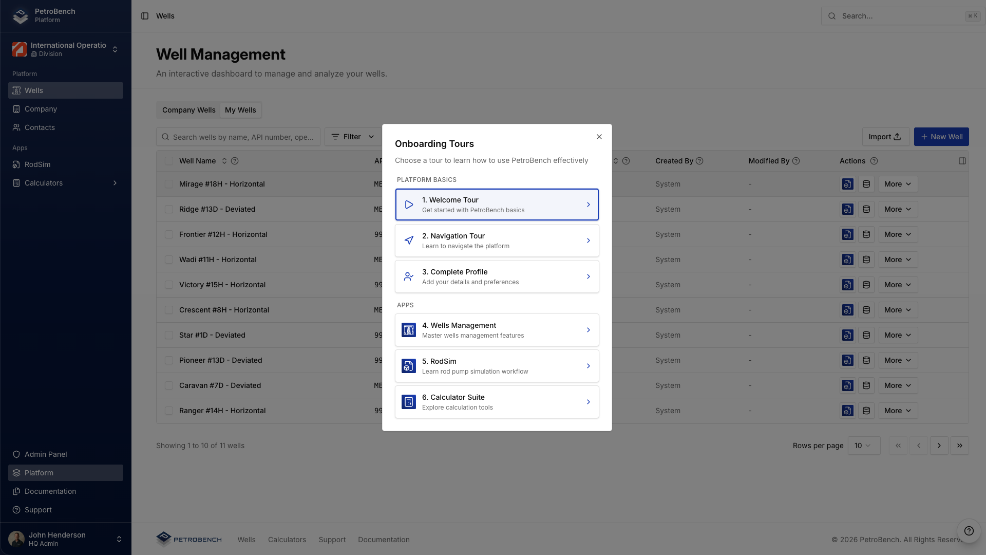 Tour selection modal with all available guided tours