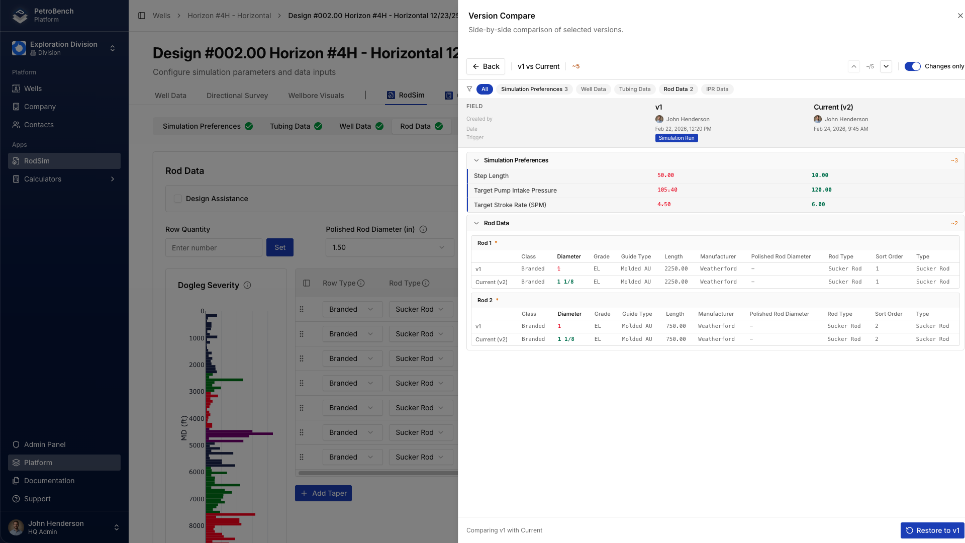 Rod data differences between versions